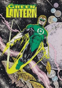green lantern flies through the stars with a green light in his wake