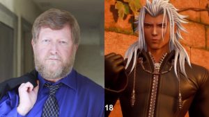 Dual photo of Paul St. Peter aside the character he voices, Xemnas from Kingdom Hearts III