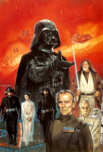 Color illustration of Darth Vader, Obi Wan Kenobi, Princess Leia and other Star Wars characters