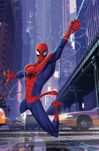 Spider-Man swings through the city with tall buildings in the background.
