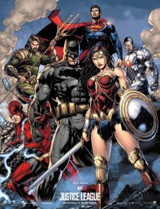 Members of the Justice League -- Wonder Woman, Flash, Batman, Cyborg, Aquaman and Superman -- stand ready to defend the weak and vulnerable.