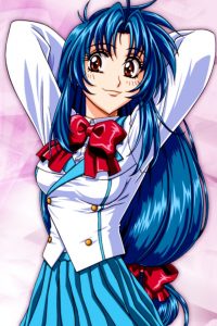 Kaname Chidori is posing playfully with her arms and hands behind her back.