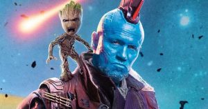 A close up of blue-skinned Yondo with Groot sitting on his shoulder.