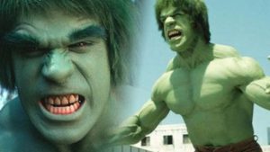 Actor Lou Ferrigno in costume with green skin portraying The Incredible Hulk from the popular TV series in the 1970s.