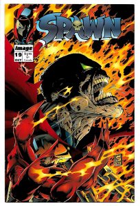 Spawn comic book cover with the anti-hero growling with his face consumed in fire.