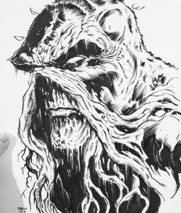 Black and white head shot of Swamp Thing.
