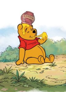Classic Winnie the Pooh illustration with the beloved character sitting with a pot of honey on his head