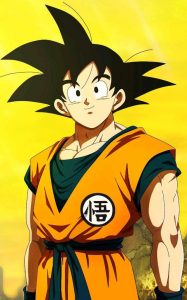 Son Goku is posing for a photo from the waist up, looking muscular and serious.
