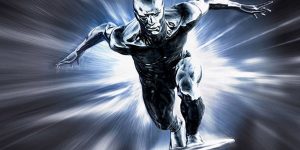 Silver Surfer on his board surfing toward you 