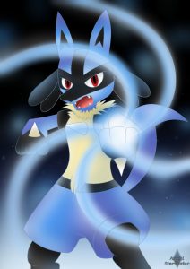 Lucario is looking mean and ready to strike, all in front of a blue background.