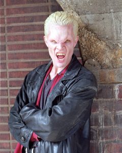 The British vampire called Spike growls and shows his fangs
