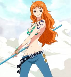Nami is standing, facing front, holding her weapon with a smile on her face.