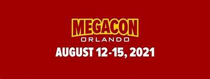 Megacon Orlando logo is maroon and gold and 2021 date is August 12 - 15