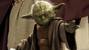 Front view of Yoda using the force