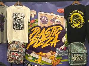 logo of plastic pizza as well as t-shirts