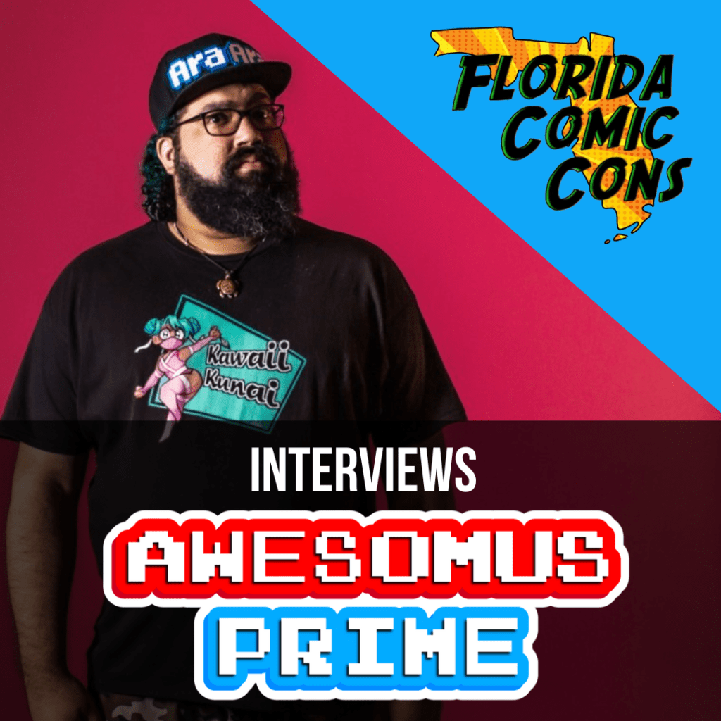 a photo of a person in a black t-shirt with glasses, a beard, and a black hat. The Florida Comic Cons logo is in the top right corner and the text reads "Interviews Awesomus Prime"