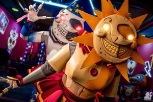 character in the foreground is dressed like the sun and posed excited. character in the background is dressed like the moon and is holding its hands up in a creepy position. the eyes are glowing. 