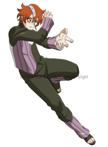 Boy with red hair and a metal piece over his head is jumping in an action pose about to attack. He Has dark clothing with purple panels on his right side for his vest and wrist and ankle cuffs. 